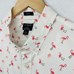 J.CREW Shirt Mens L Flex Washed Slim Flamingos Print Short Sleeve Woven White